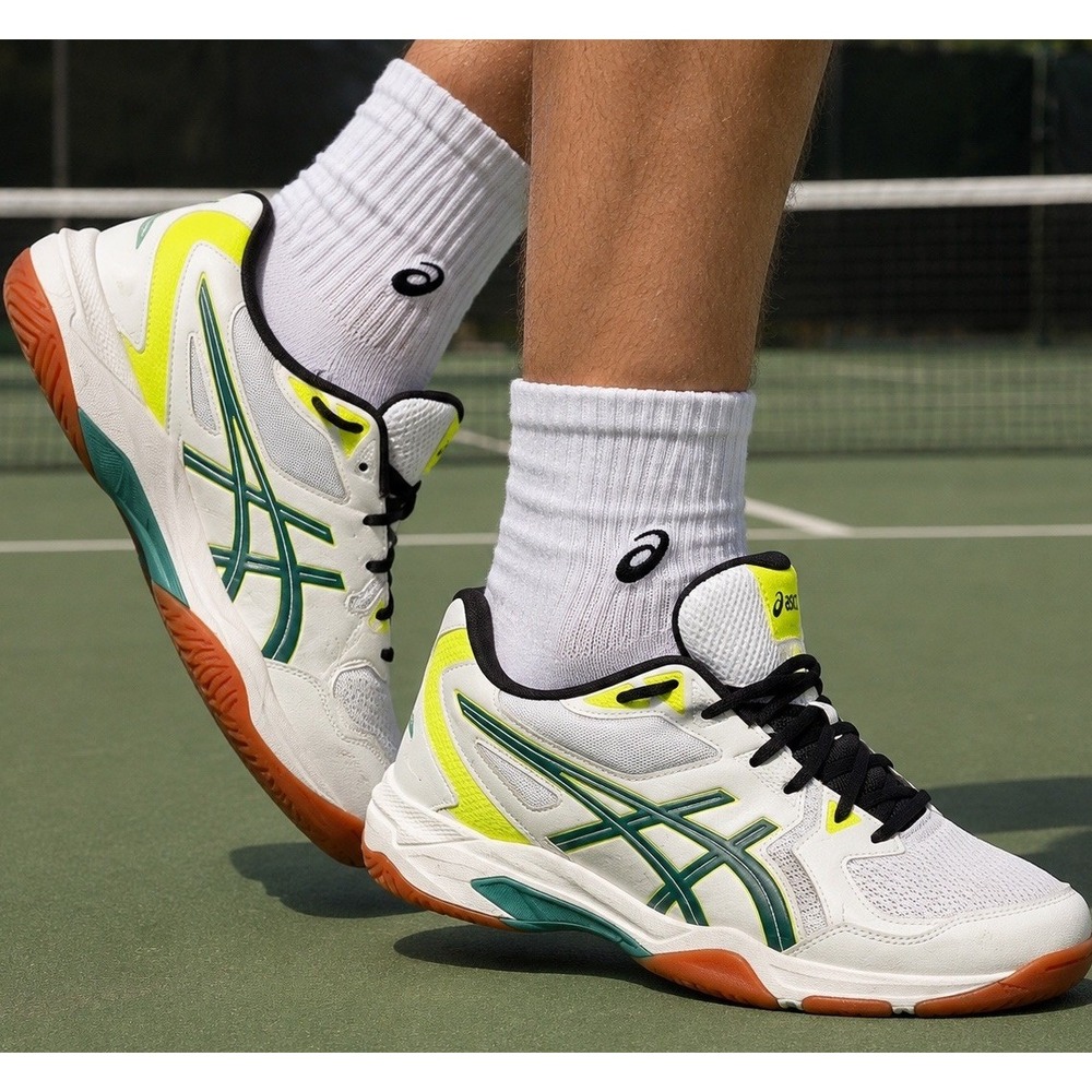 Asics Gel Rocket 10 White Mens 12 Sneakers Running Court Shoes Sports Yellow EUC
